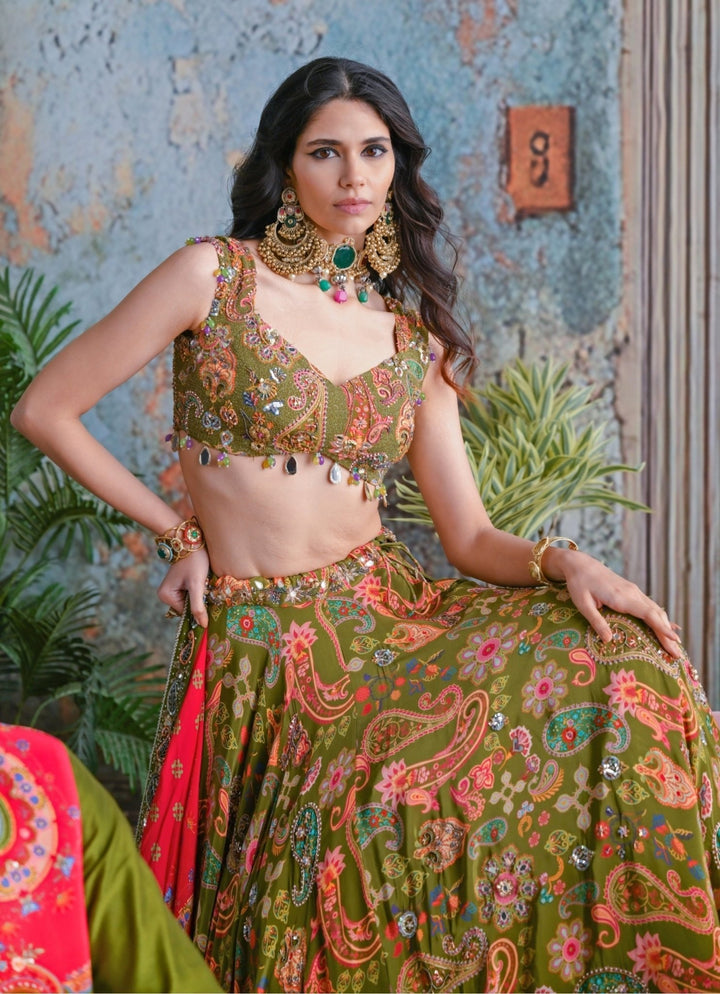 Olive Green Printed Crepe Embroidered Lehenga Set Juhi Bengani - Fabilicious Fashion