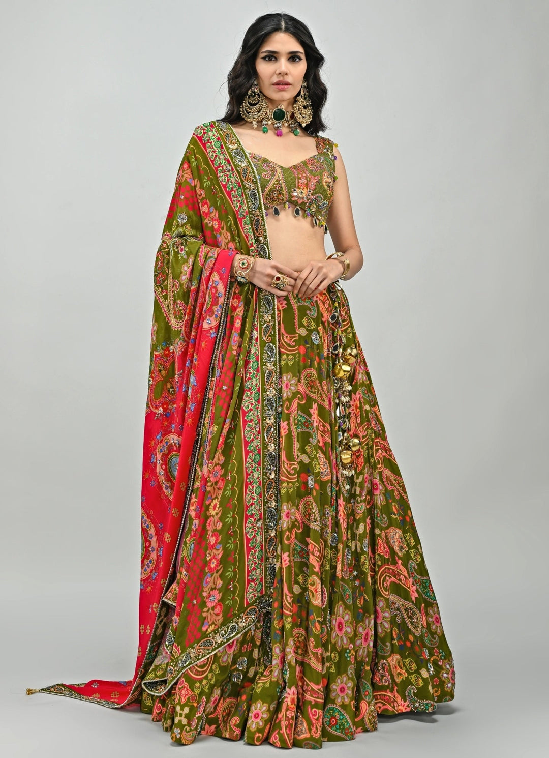 Olive Green Printed Crepe Embroidered Lehenga Set Juhi Bengani - Fabilicious Fashion