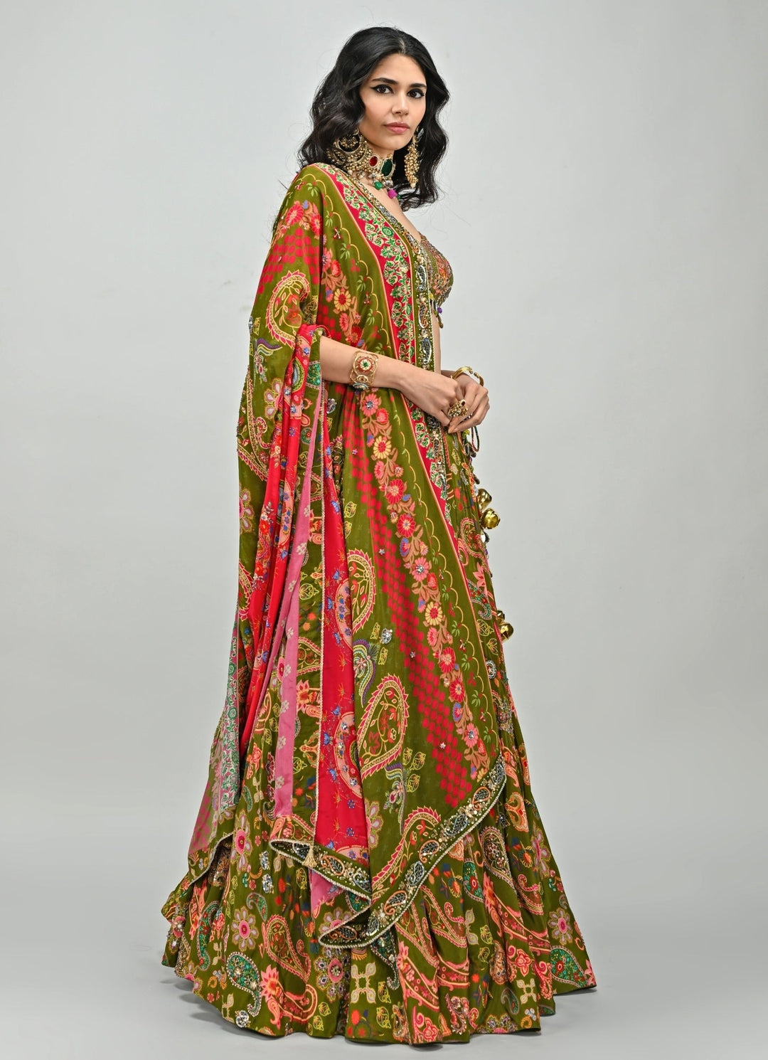 Olive Green Printed Crepe Embroidered Lehenga Set Juhi Bengani - Fabilicious Fashion