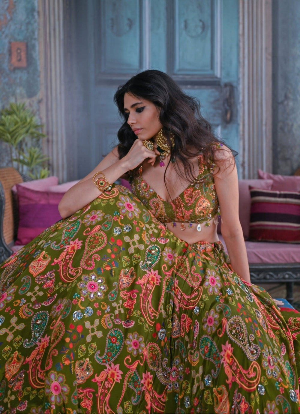 Olive Green Printed Crepe Embroidered Lehenga Set Juhi Bengani - Fabilicious Fashion