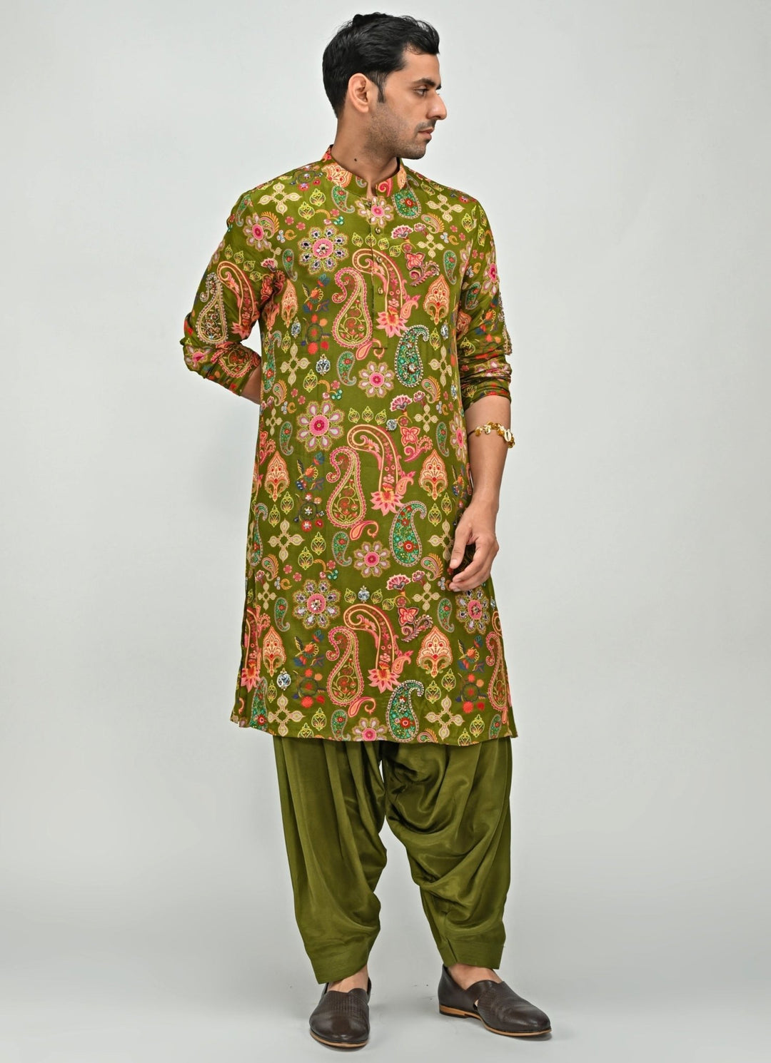 Olive Green Printed Crepe Kurta with Cowl Pants Juhi Bengani - Men - Fabilicious Fashion