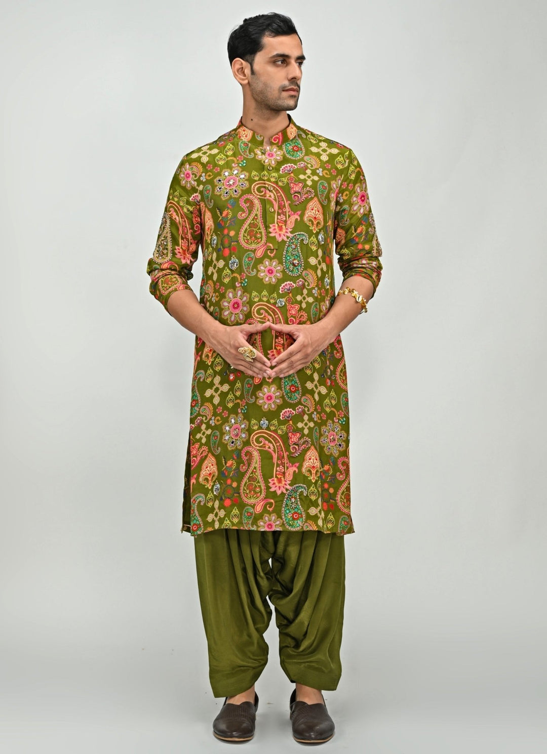 Olive Green Printed Crepe Kurta with Cowl Pants Juhi Bengani - Men - Fabilicious Fashion