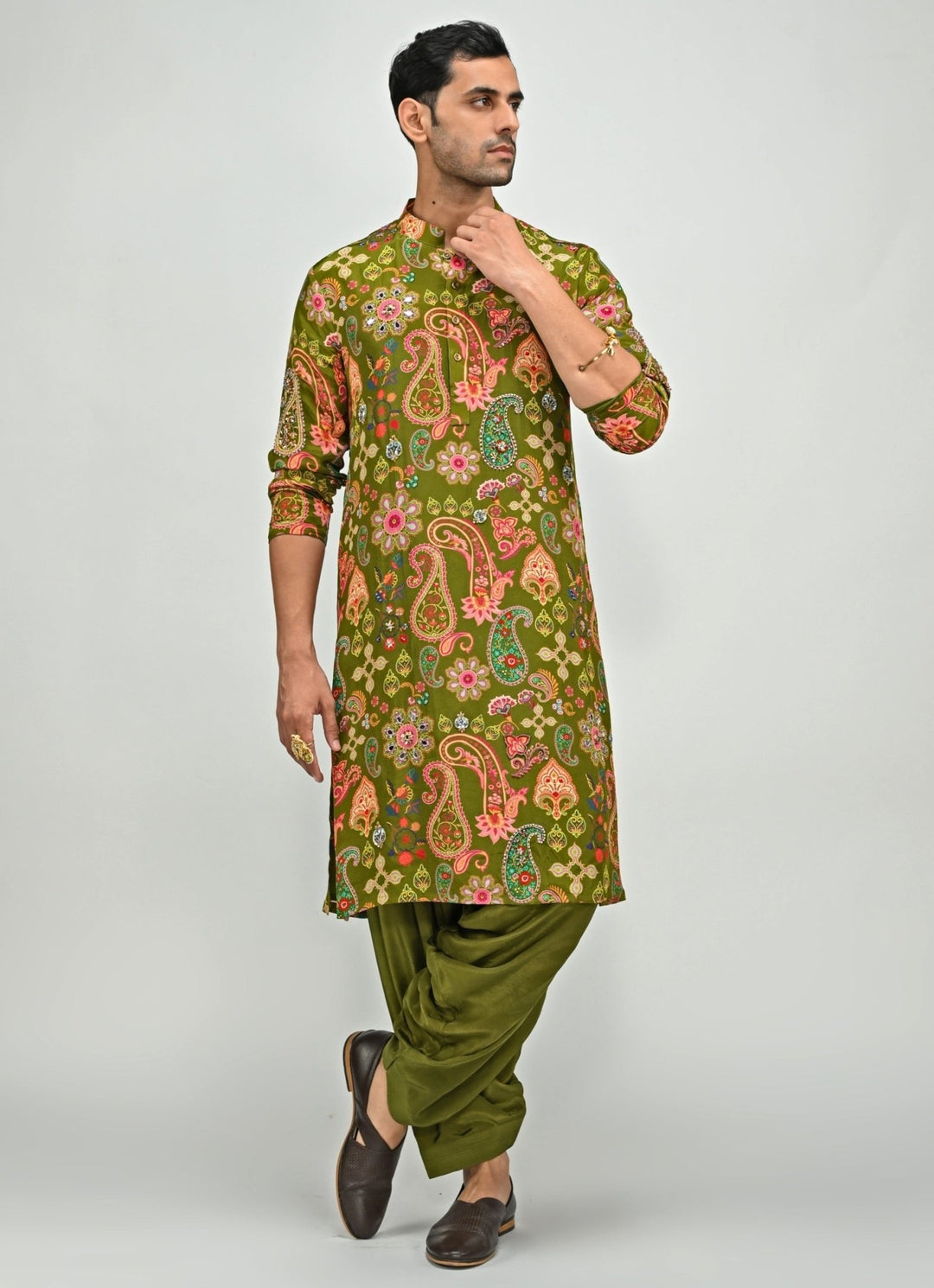 Olive Green Printed Crepe Kurta with Cowl Pants Juhi Bengani - Men - Fabilicious Fashion