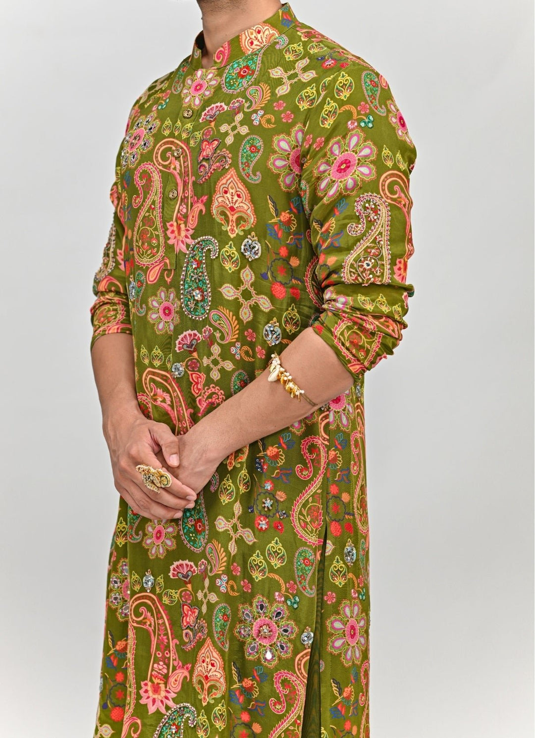 Olive Green Printed Crepe Kurta with Cowl Pants Juhi Bengani - Men - Fabilicious Fashion