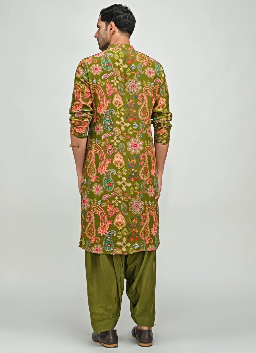 Olive Green Printed Crepe Kurta with Cowl Pants Juhi Bengani - Men - Fabilicious Fashion