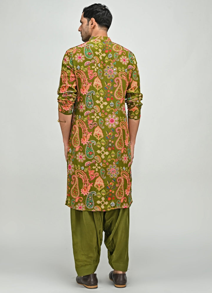 Olive Green Printed Crepe Kurta with Cowl Pants Juhi Bengani - Men - Fabilicious Fashion