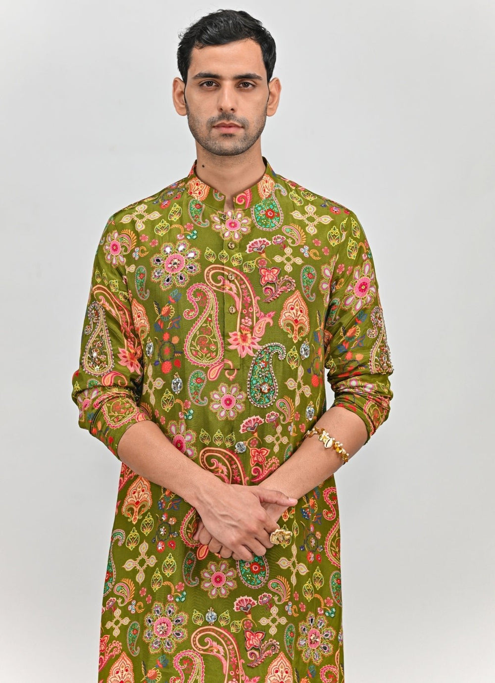 Olive Green Printed Crepe Kurta with Cowl Pants Juhi Bengani - Men - Fabilicious Fashion