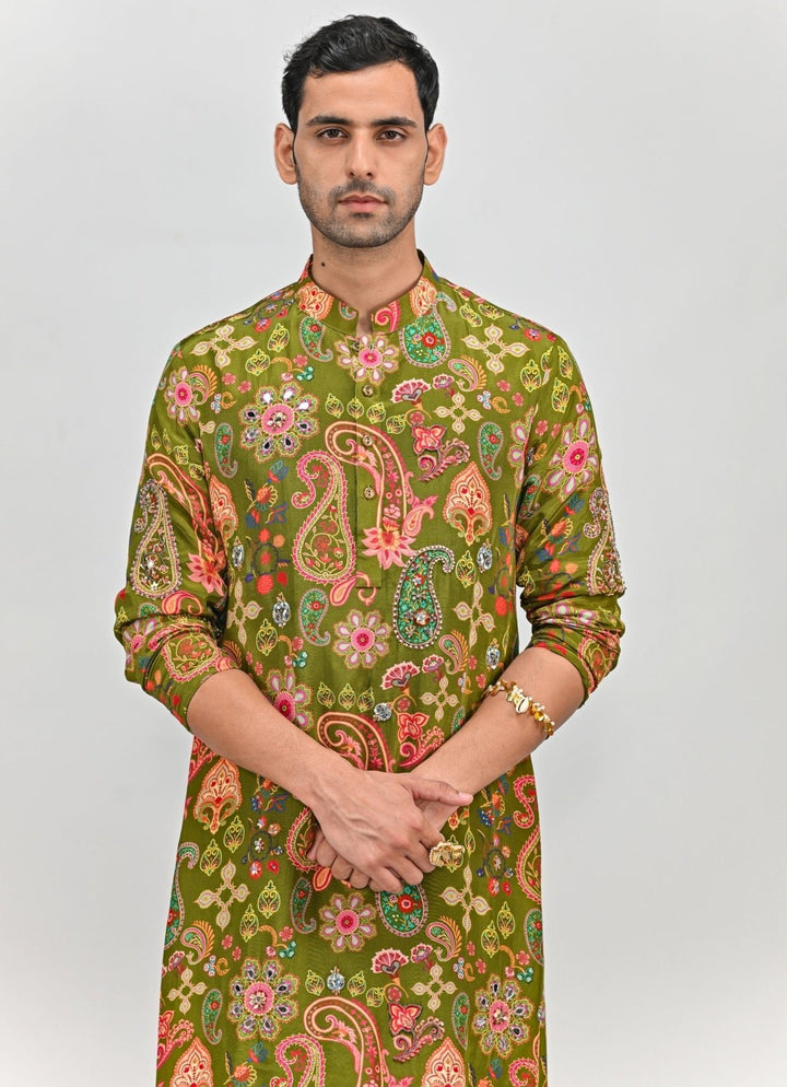 Olive Green Printed Crepe Kurta with Cowl Pants Juhi Bengani - Men - Fabilicious Fashion