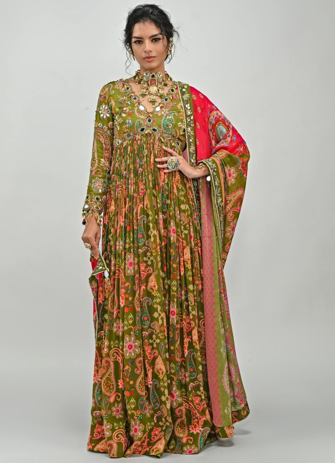 Olive Green Printed Embroidered Anarkali Set Juhi Bengani - Fabilicious Fashion
