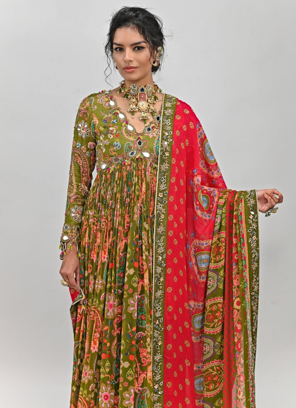 Olive Green Printed Embroidered Anarkali Set Juhi Bengani - Fabilicious Fashion
