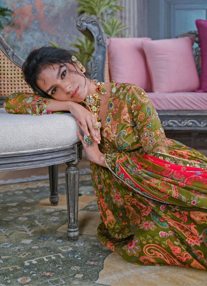 Olive Green Printed Embroidered Anarkali Set Juhi Bengani - Fabilicious Fashion