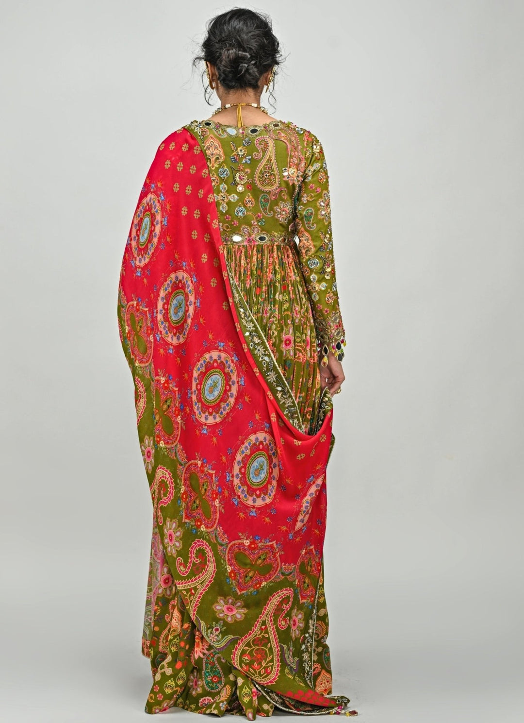 Olive Green Printed Embroidered Anarkali Set Juhi Bengani - Fabilicious Fashion