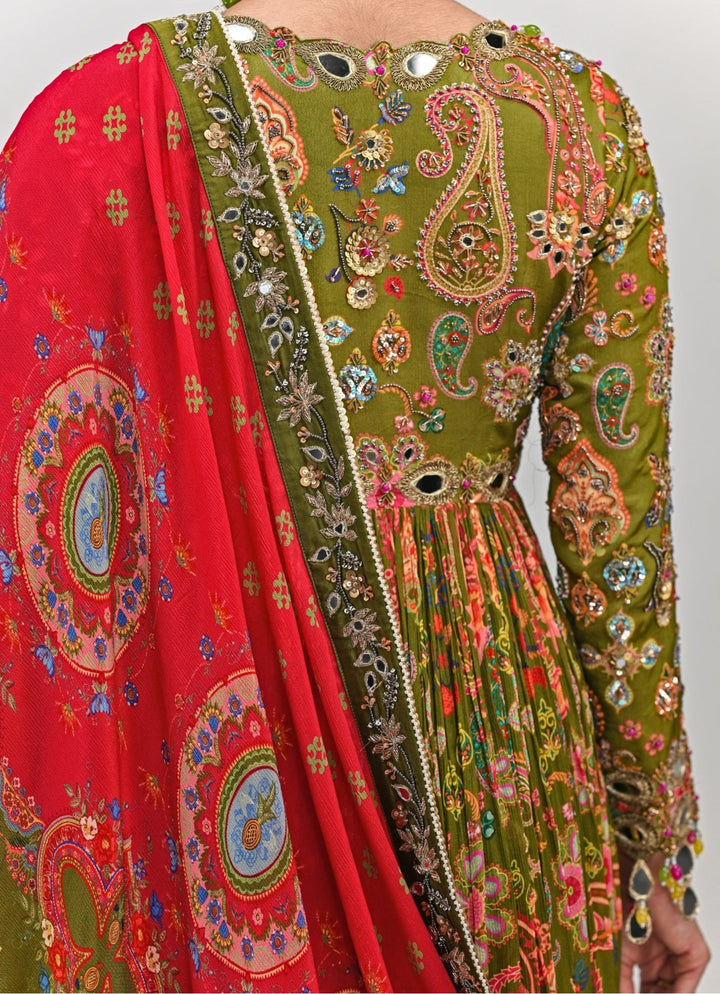 Olive Green Printed Embroidered Anarkali Set Juhi Bengani - Fabilicious Fashion