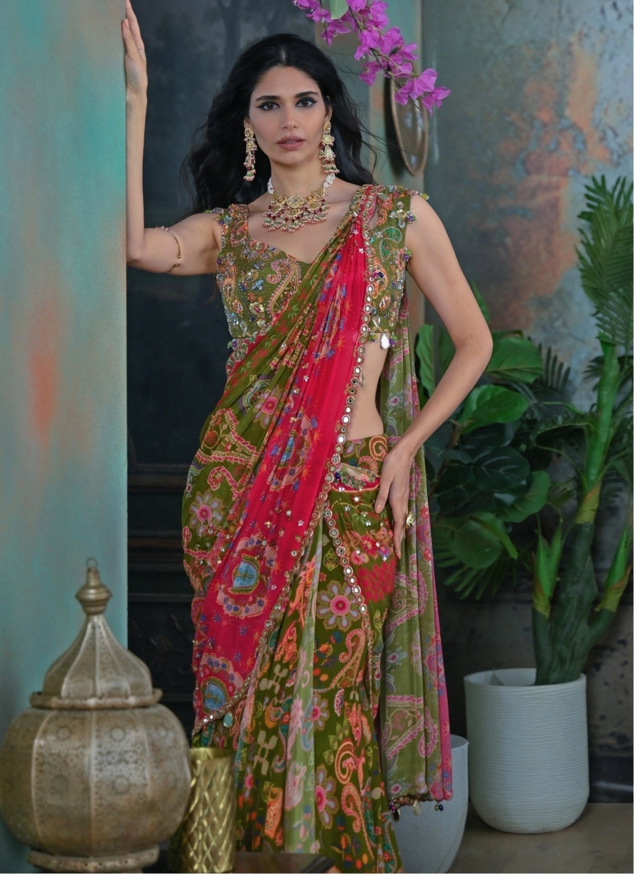 olive green embroidered predraped saree wedding guest outfit