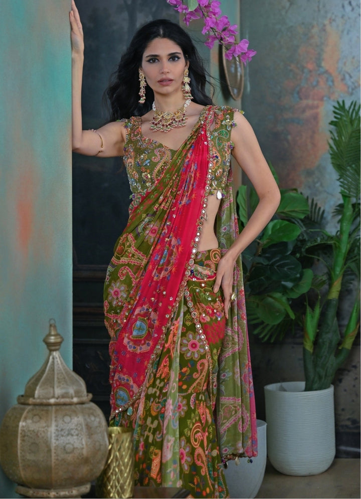 Olive Green Printed Embroidered Chiffon Predraped Saree Juhi Bengani - Fabilicious Fashion