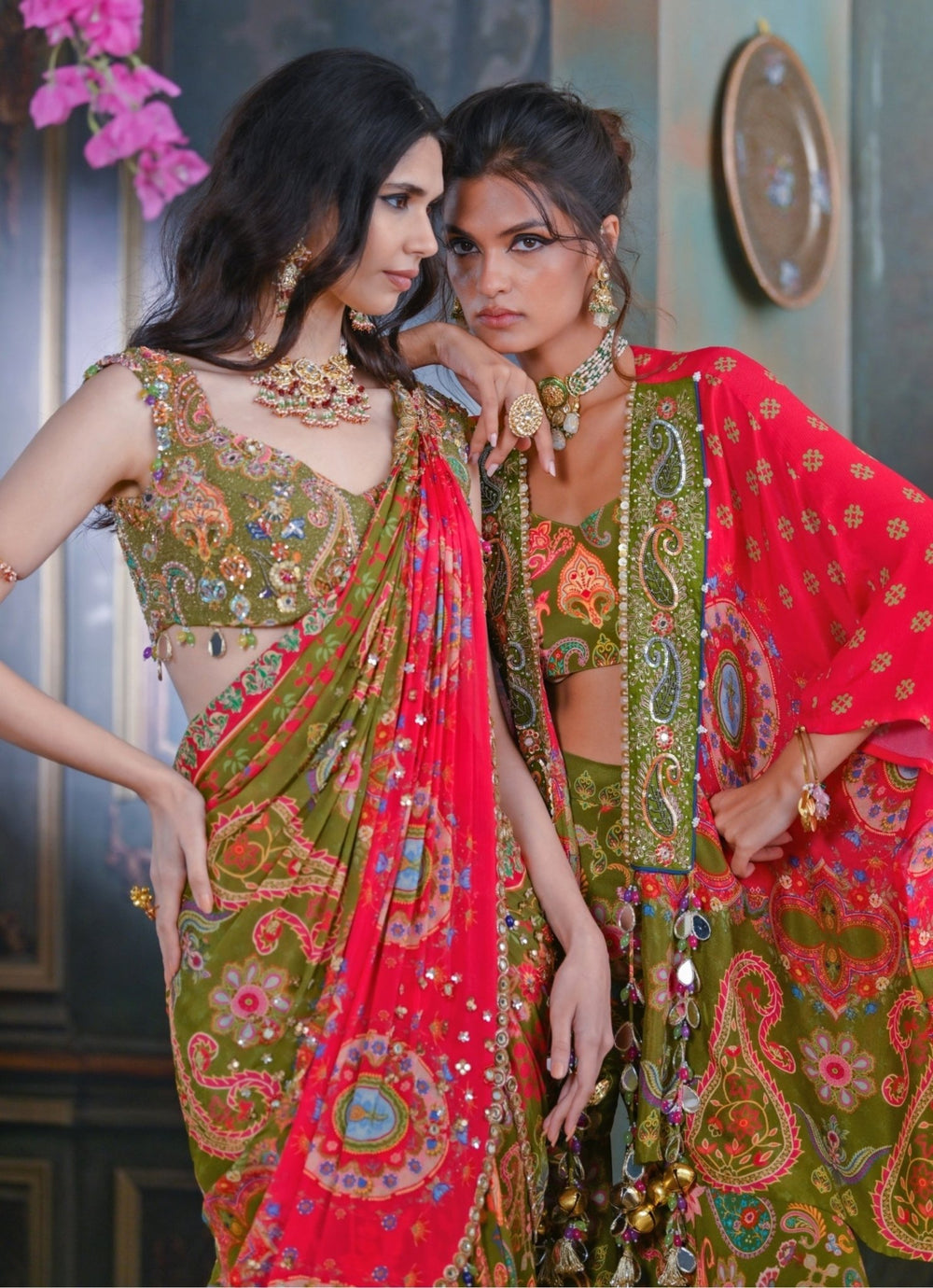 Olive Green Printed Embroidered Chiffon Predraped Saree Juhi Bengani - Fabilicious Fashion