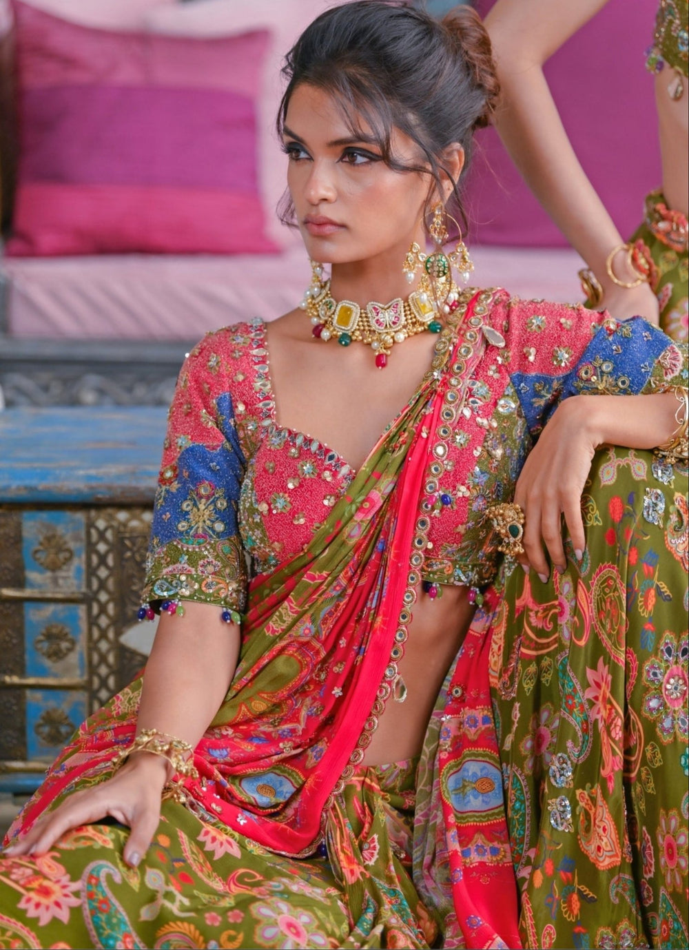 Olive Green Printed Embroidered Chiffon Predraped Saree Juhi Bengani - Fabilicious Fashion