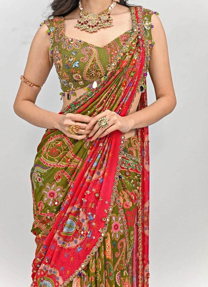 Olive Green Printed Embroidered Chiffon Predraped Saree Juhi Bengani - Fabilicious Fashion