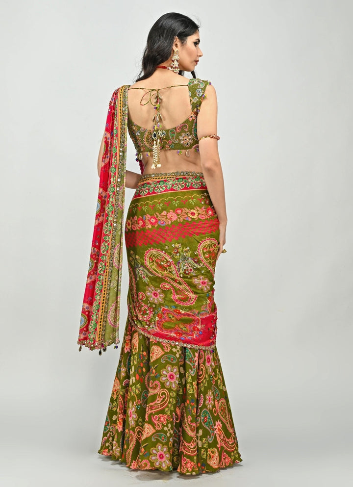 Olive Green Printed Embroidered Chiffon Predraped Saree Juhi Bengani - Fabilicious Fashion