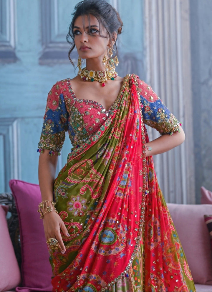 Olive Green Printed Embroidered Chiffon Predraped Saree Juhi Bengani - Fabilicious Fashion