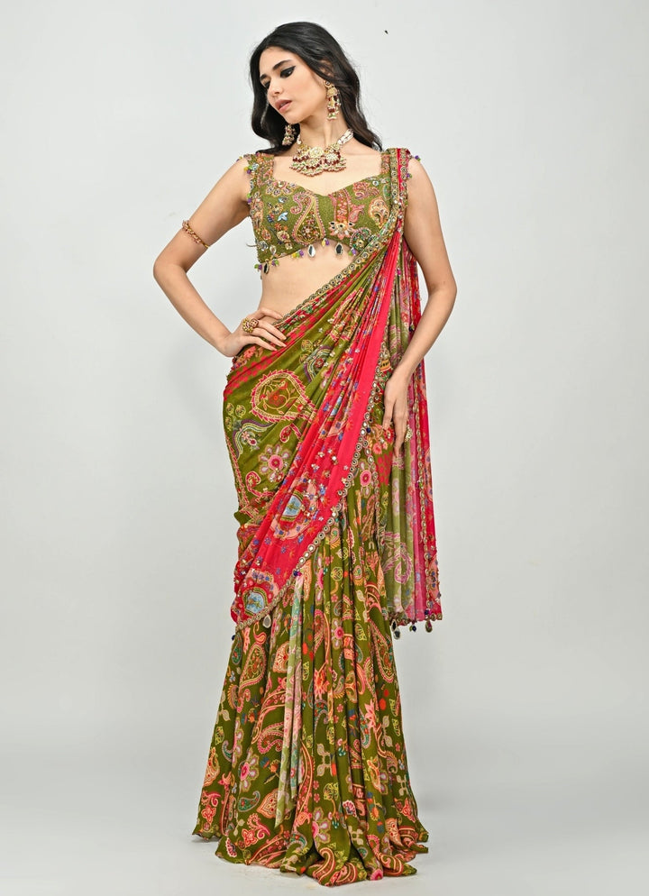 Olive Green Printed Embroidered Chiffon Predraped Saree Juhi Bengani - Fabilicious Fashion