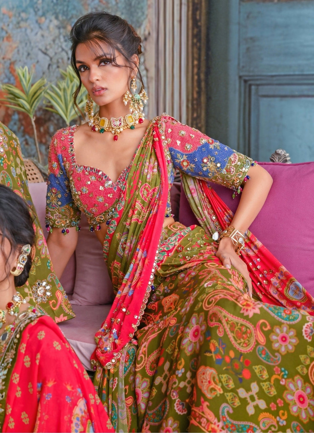 Olive Green Printed Embroidered Chiffon Predraped Saree Juhi Bengani - Fabilicious Fashion