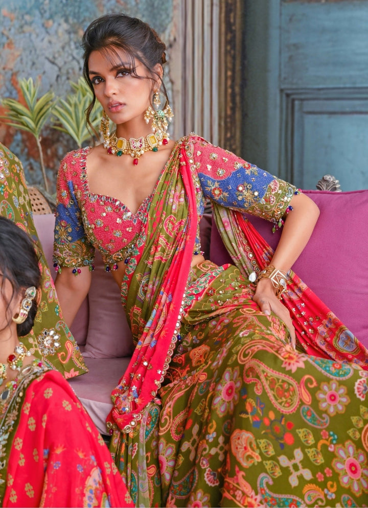 Olive Green Printed Embroidered Chiffon Predraped Saree Juhi Bengani - Fabilicious Fashion