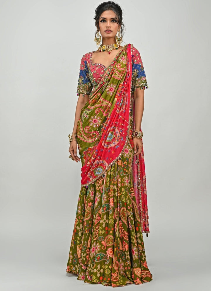 Olive Green Printed Embroidered Chiffon Predraped Saree Juhi Bengani - Fabilicious Fashion