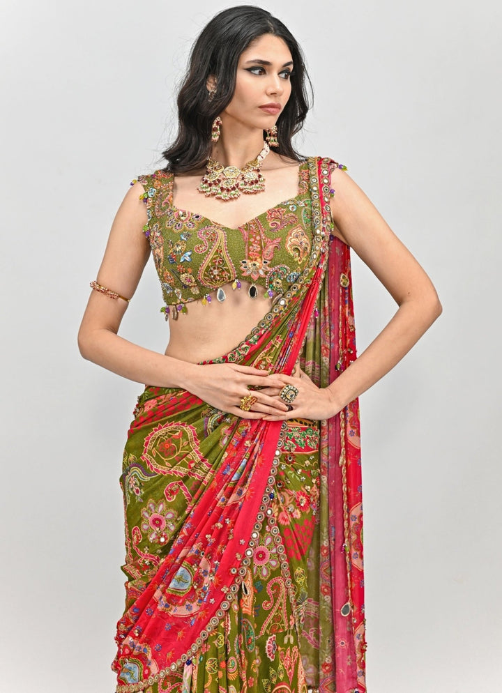 Olive Green Printed Embroidered Chiffon Predraped Saree Juhi Bengani - Fabilicious Fashion