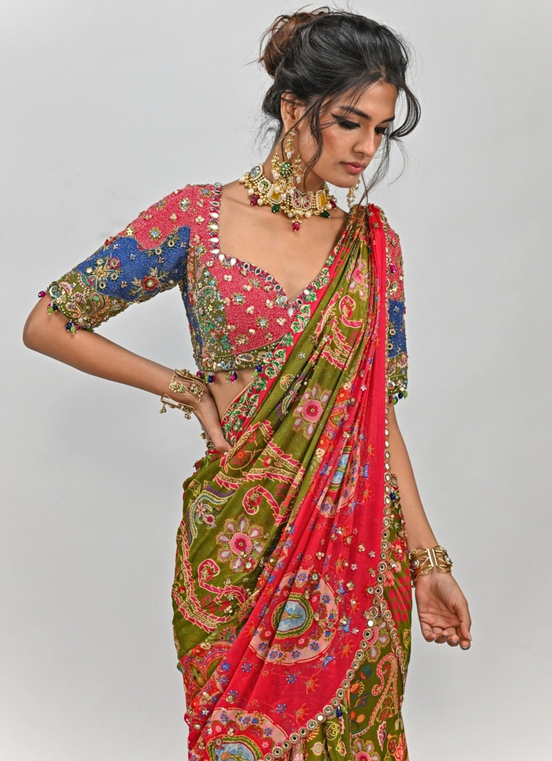 Olive Green Printed Embroidered Chiffon Predraped Saree Juhi Bengani - Fabilicious Fashion
