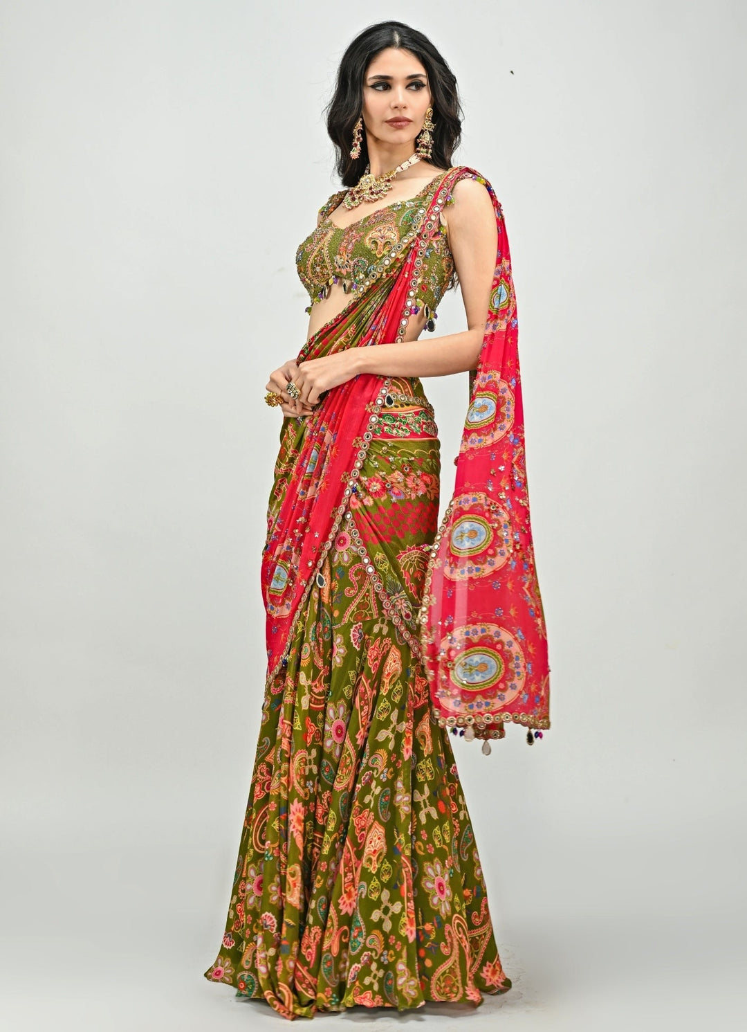 Olive Green Printed Embroidered Chiffon Predraped Saree Juhi Bengani - Fabilicious Fashion