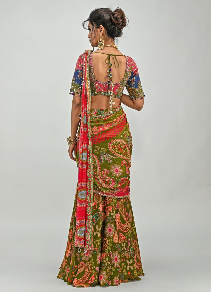 Olive Green Printed Embroidered Chiffon Predraped Saree Juhi Bengani - Fabilicious Fashion