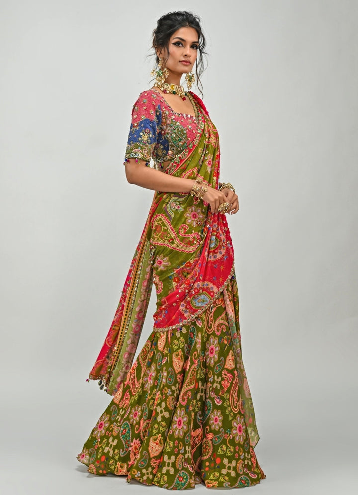 Olive Green Printed Embroidered Chiffon Predraped Saree Juhi Bengani - Fabilicious Fashion