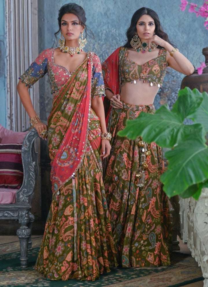 Olive Green Printed Embroidered Chiffon Predraped Saree Juhi Bengani - Fabilicious Fashion