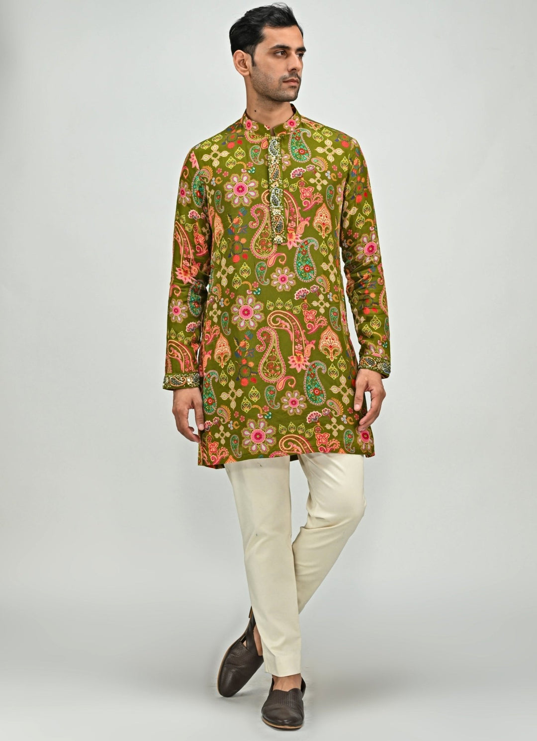 Olive Green Printed Embroidered Crepe Kurta Juhi Bengani - Men - Fabilicious Fashion