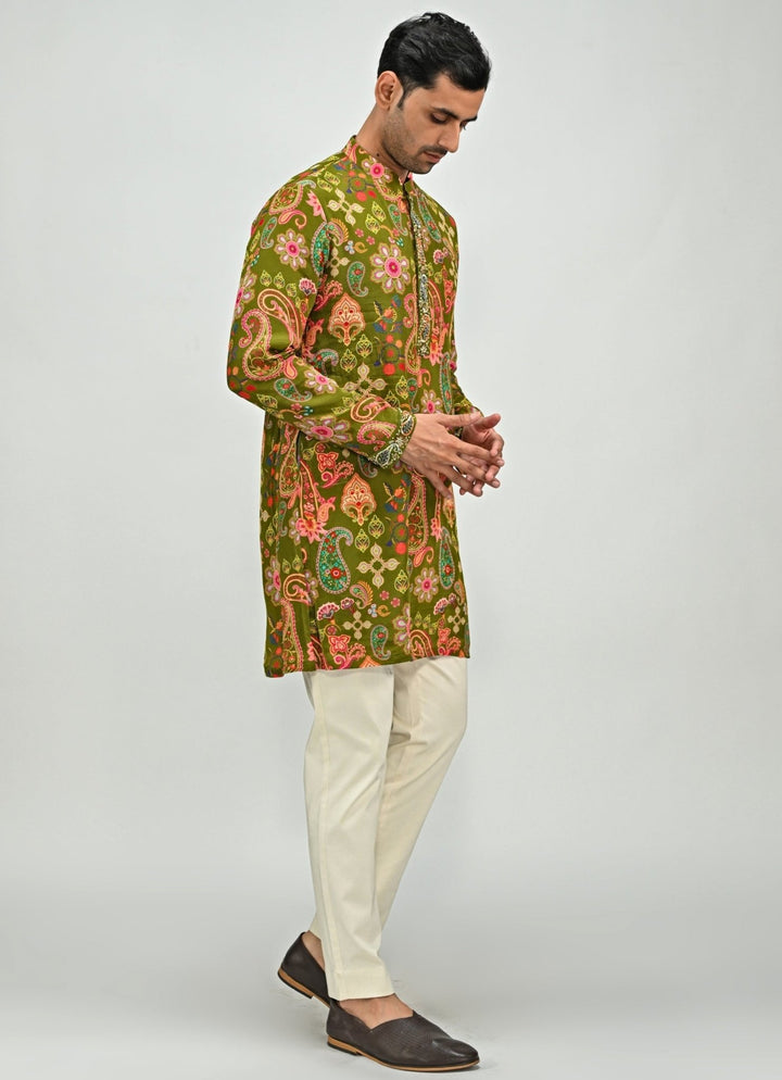 Olive Green Printed Embroidered Crepe Kurta Juhi Bengani - Men - Fabilicious Fashion
