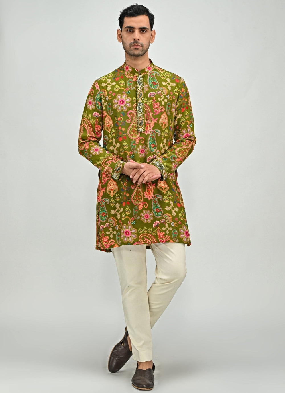 Olive Green Printed Embroidered Crepe Kurta Juhi Bengani - Men - Fabilicious Fashion