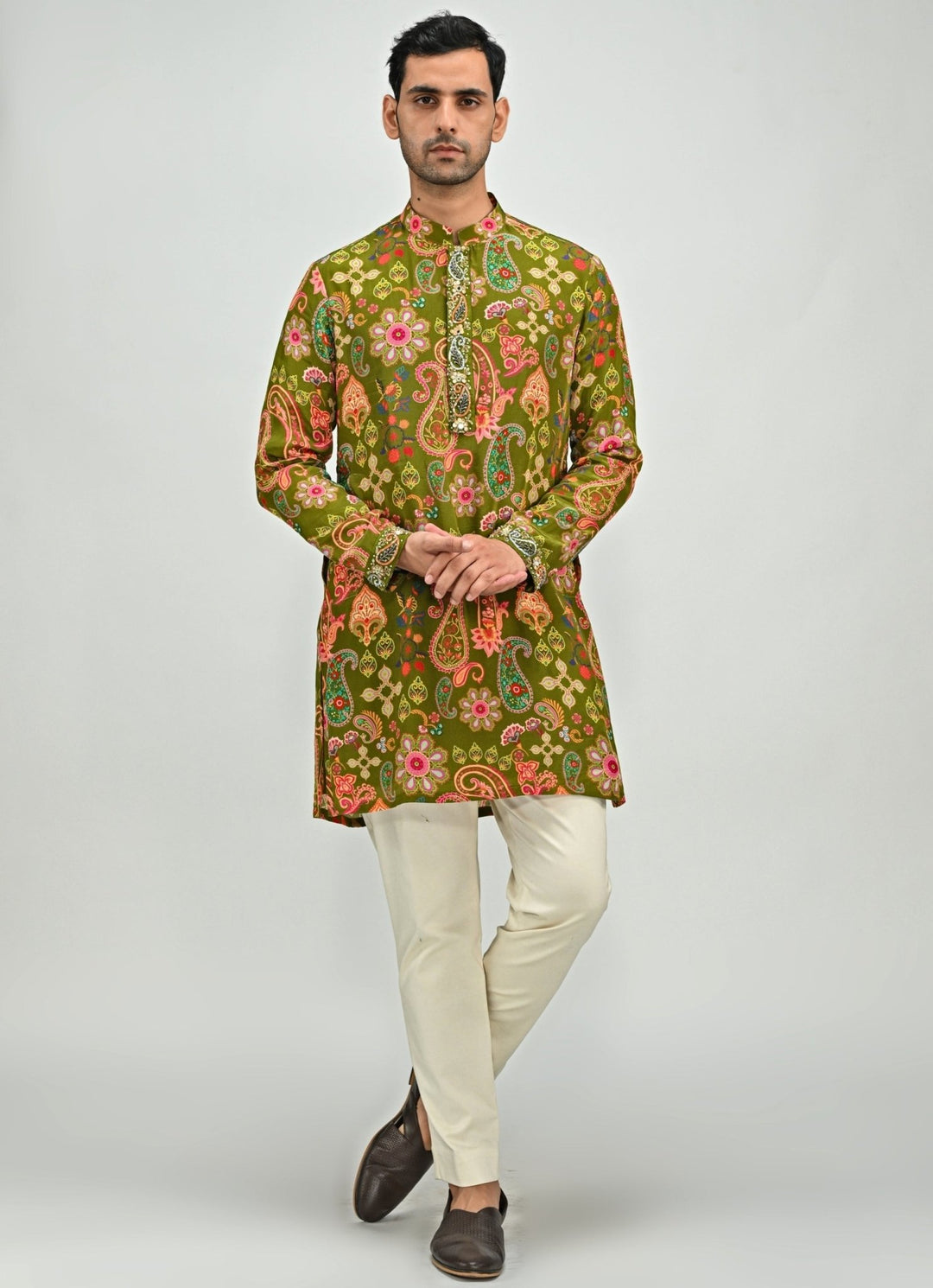 Olive Green Printed Embroidered Crepe Kurta Juhi Bengani - Men - Fabilicious Fashion