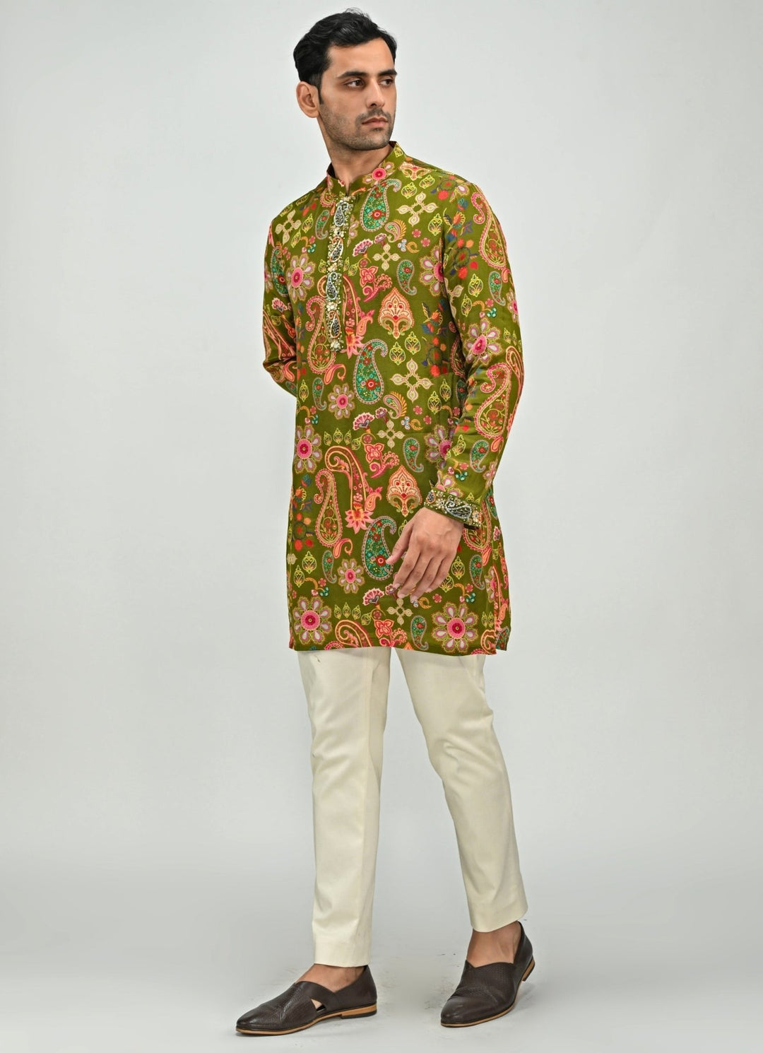 Olive Green Printed Embroidered Crepe Kurta Juhi Bengani - Men - Fabilicious Fashion