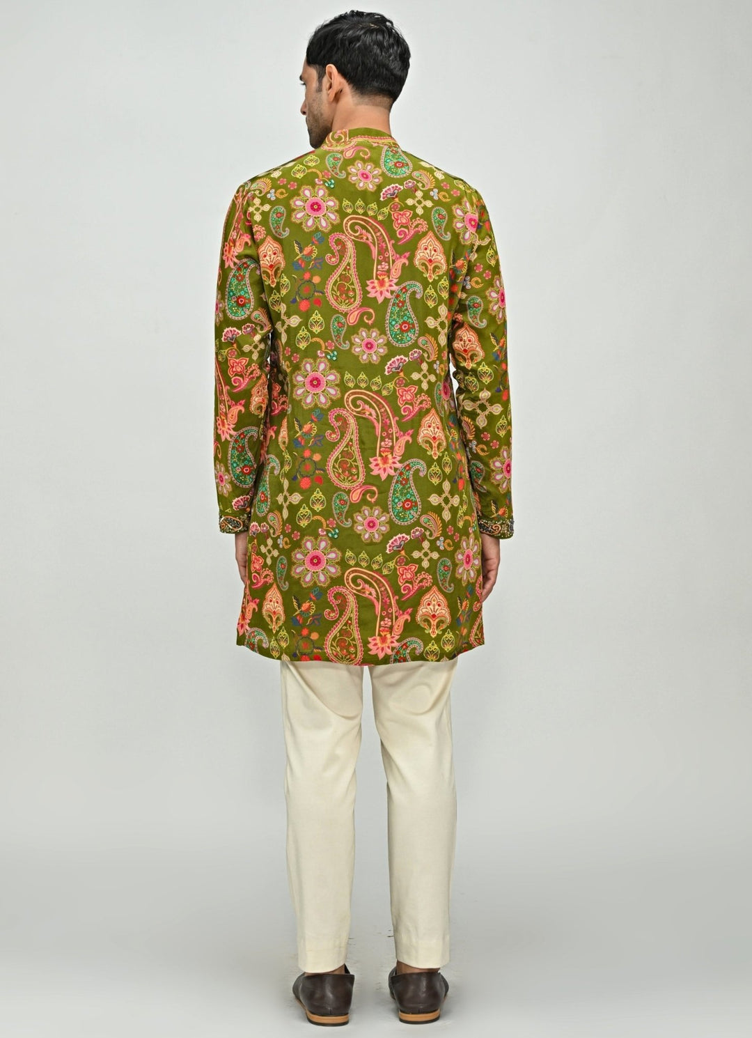 Olive Green Printed Embroidered Crepe Kurta Juhi Bengani - Men - Fabilicious Fashion