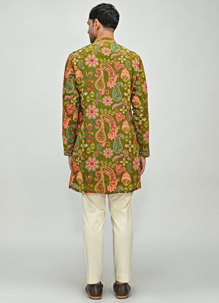 Olive Green Printed Embroidered Crepe Kurta Juhi Bengani - Men - Fabilicious Fashion