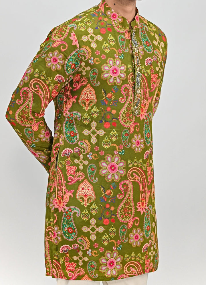 Olive Green Printed Embroidered Crepe Kurta Juhi Bengani - Men - Fabilicious Fashion