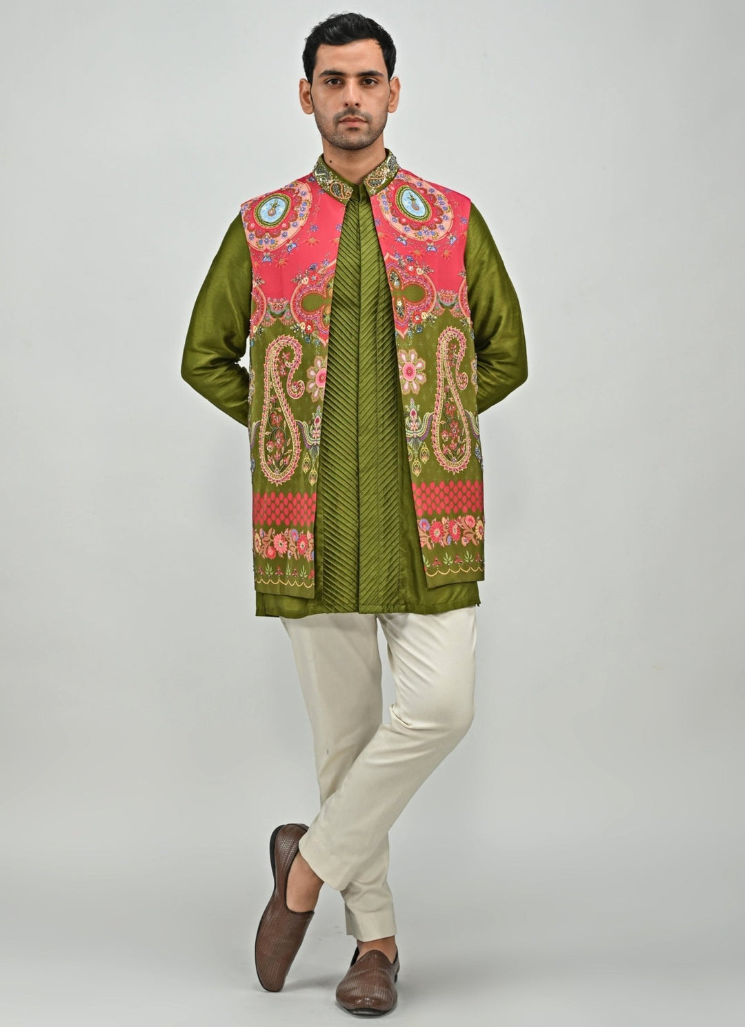 Olive Green Printed Embroidered Half Jacket Set and Kurta Juhi Bengani - Men - Fabilicious Fashion