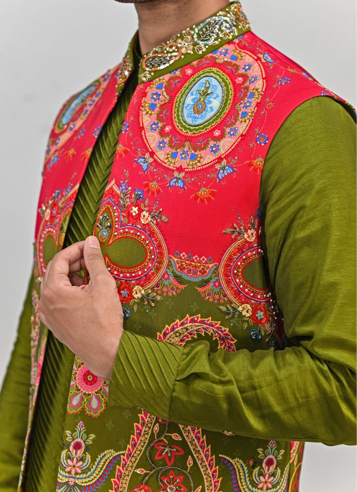 Olive Green Printed Embroidered Half Jacket Set and Kurta Juhi Bengani - Men - Fabilicious Fashion
