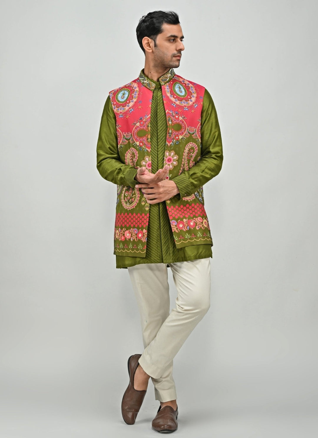 Olive Green Printed Embroidered Half Jacket Set and Kurta Juhi Bengani - Men - Fabilicious Fashion