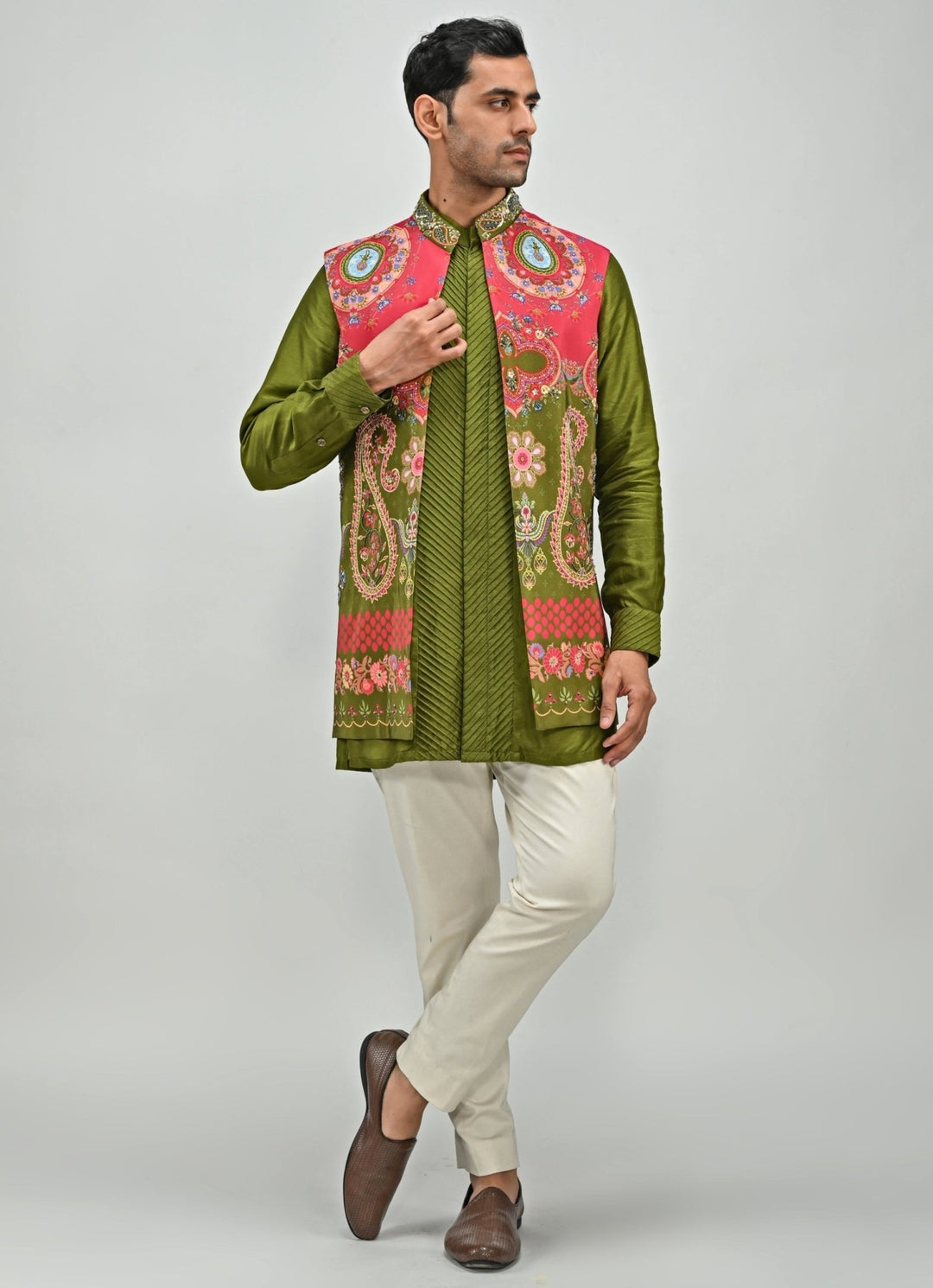 Olive Green Printed Embroidered Half Jacket Set and Kurta Juhi Bengani - Men - Fabilicious Fashion