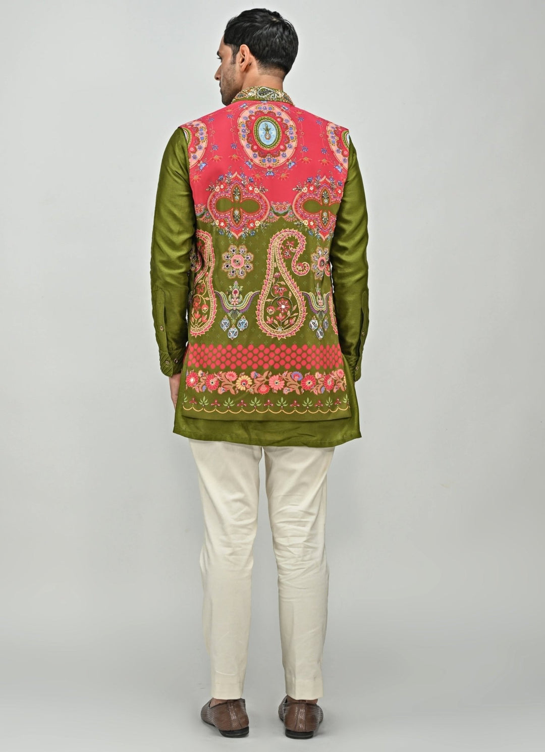 Olive Green Printed Embroidered Half Jacket Set and Kurta Juhi Bengani - Men - Fabilicious Fashion