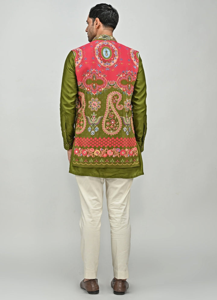 Olive Green Printed Embroidered Half Jacket Set and Kurta Juhi Bengani - Men - Fabilicious Fashion