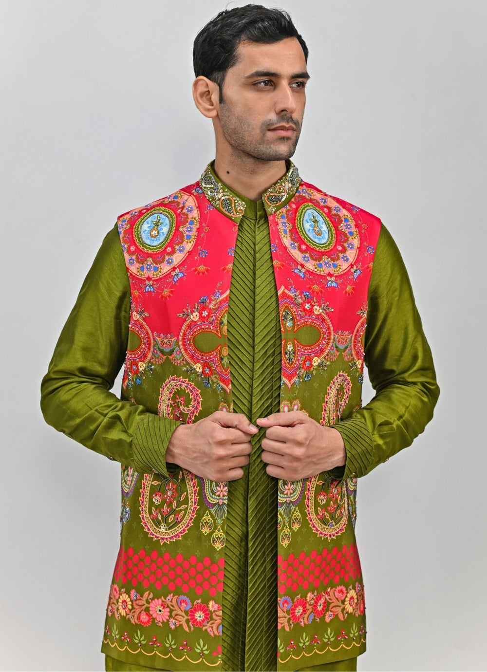 Olive Green Printed Embroidered Half Jacket Set and Kurta Juhi Bengani - Men - Fabilicious Fashion