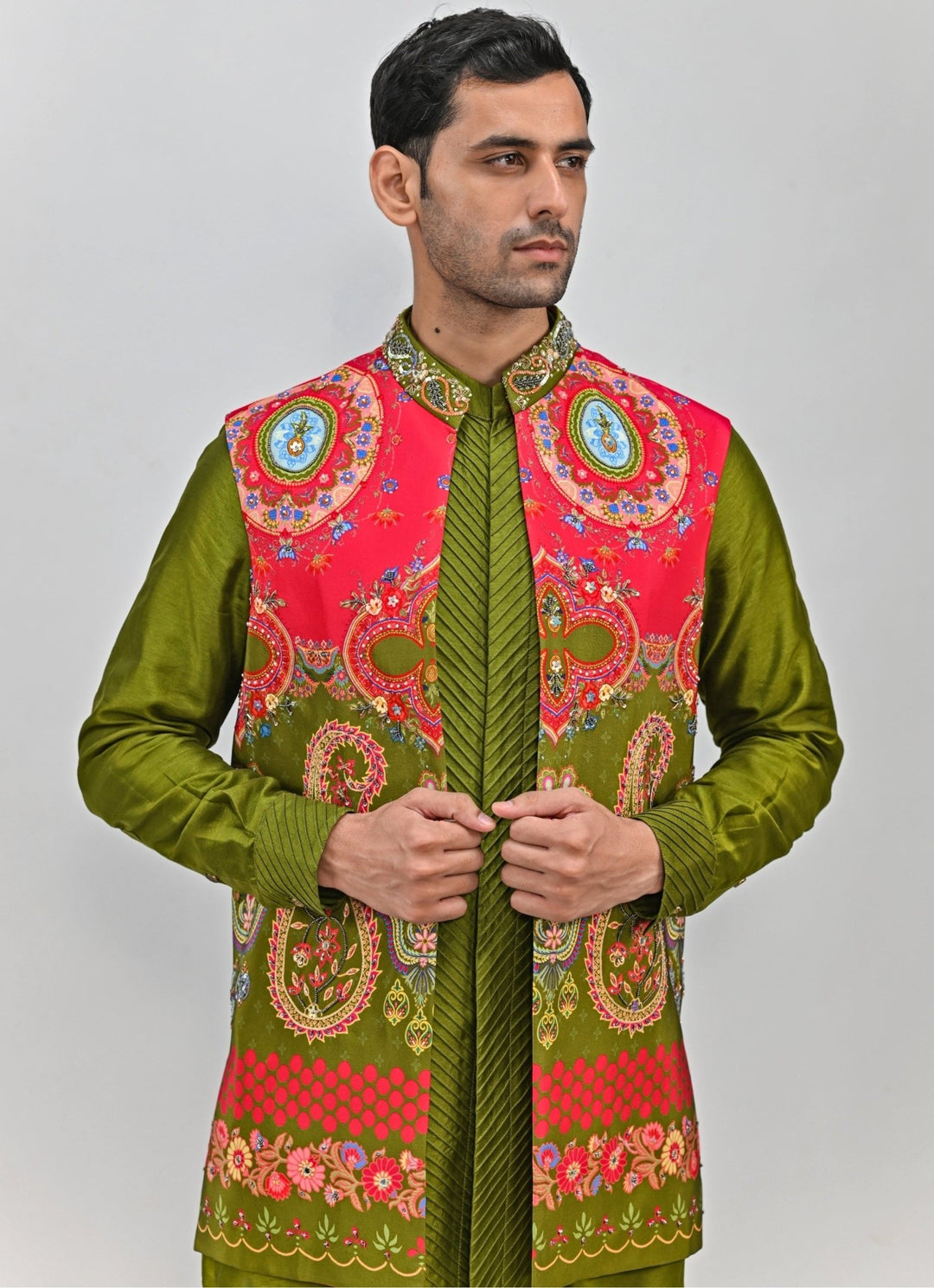 Olive Green Printed Embroidered Half Jacket Set and Kurta Juhi Bengani - Men - Fabilicious Fashion